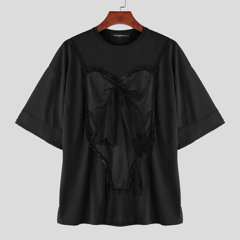 

INCERUN Men O Neck Short Sleeve Lace Patchwork Loose Funny T-shirts Tee S чорний
