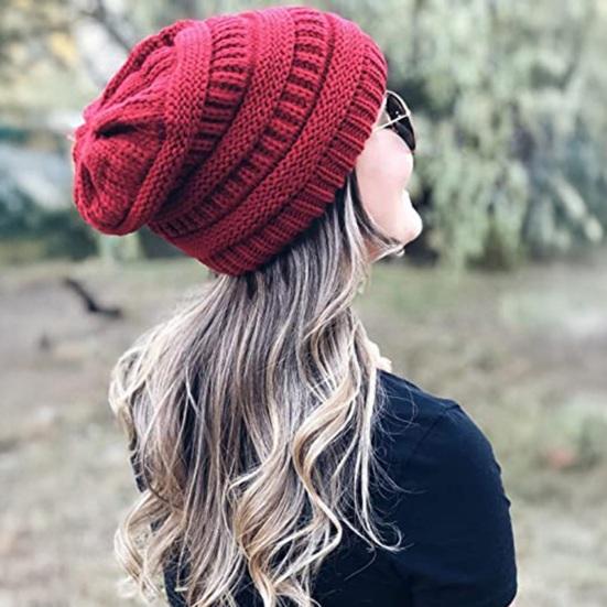 Yousheng Women Knitting Hat Solid Color Ear Protection Thickened Warm Satin Lining Pile Hat Winter Outdoor Riding Headgear