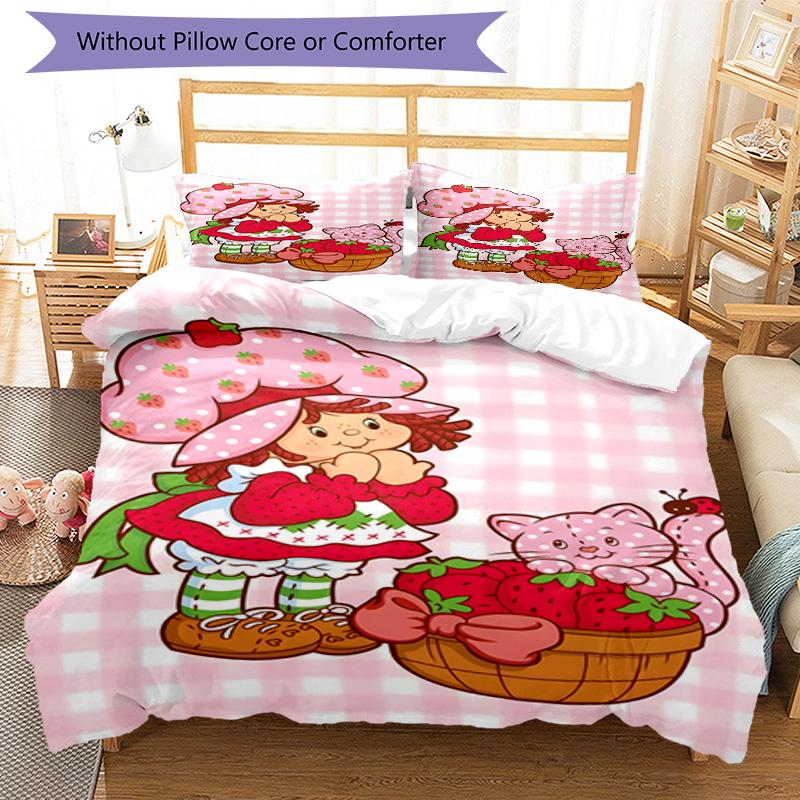 3pcs Princess Strawberry3 Design Cover Set - HD Printed Bedding with 1 Cover and 2 Pillowcases - Perfect for Home and Dorm Decor