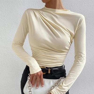 Sonbahar Uzun Kollu Pilili Katı T-shirt Ofis kadın üstleri Slim Fit Alt TShirt Kadın Rahat Zarif O Boyun Tees 30454