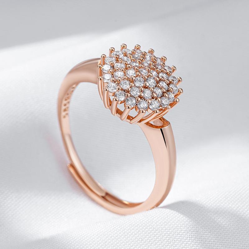Rose Gold Color Crystal Flower Big Ring For Women Trendy Shiny Full Natural Zircon Accessories Fine Daily Jewelry