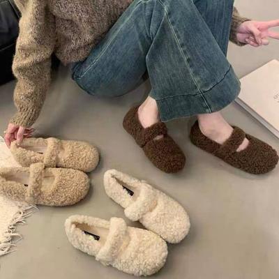 Fashion New Style Women's White French Mary Jane Flat-bottomed Fluffy Shoes for Women's Autumn and Winter Warm-soled Beanie Cotton Shoes
