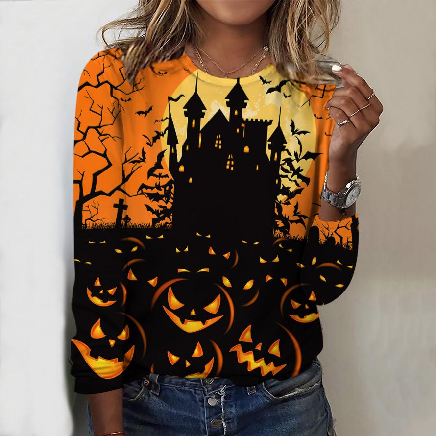 2025 Autumn & Winter Women's New Casual Crew Neck Long Sleeve Top 3D Halloween Pattern Ideal Halloween Christmas Gift