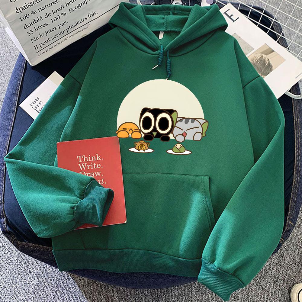 Luo Xiao Hei Cat Cartoon Printing Hoodies Winter Fleece Kawaii Printing Sweatshirts Streetwear Women Comfortable Pullover