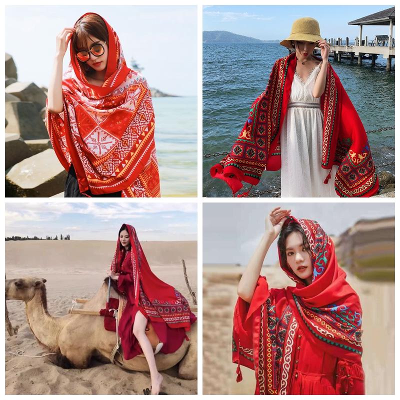 Шарф женский зимние теплые шарфы винтажный богемный этнический стиль шаль накидка пляжное — фото 9