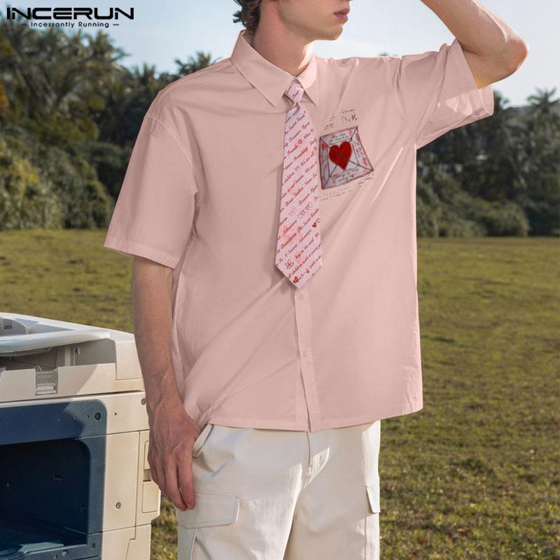 INCERUN Oversized Men Casual Lapel Tie Neck Short Sleeve Print Shirts Tops