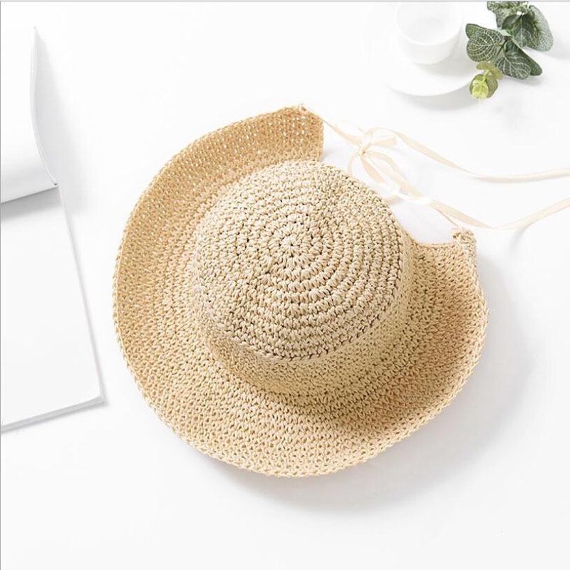 Summer Retro Handmade Crochet Straw Hat Female Folding Sun Protection Cap Girl Beach Sun Hat
