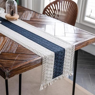 Bohemian Rustic Wedding Decor Cotton Linen Table Runner with Tassels