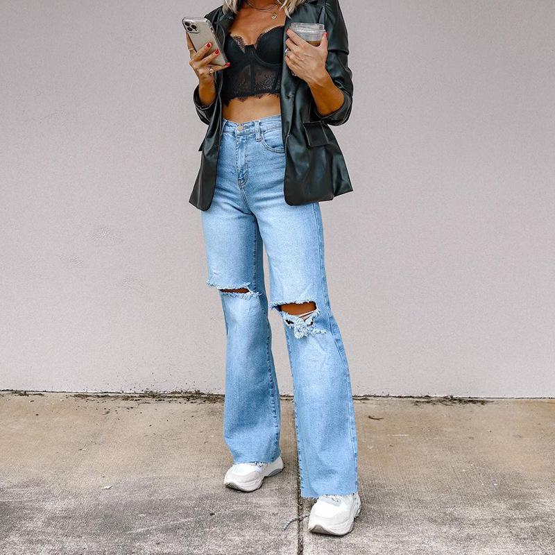 

2025 European & American Women s Ripped Slimming Raw Edge Straight & Wide Leg Jeans Medium джинсовий синього кольору