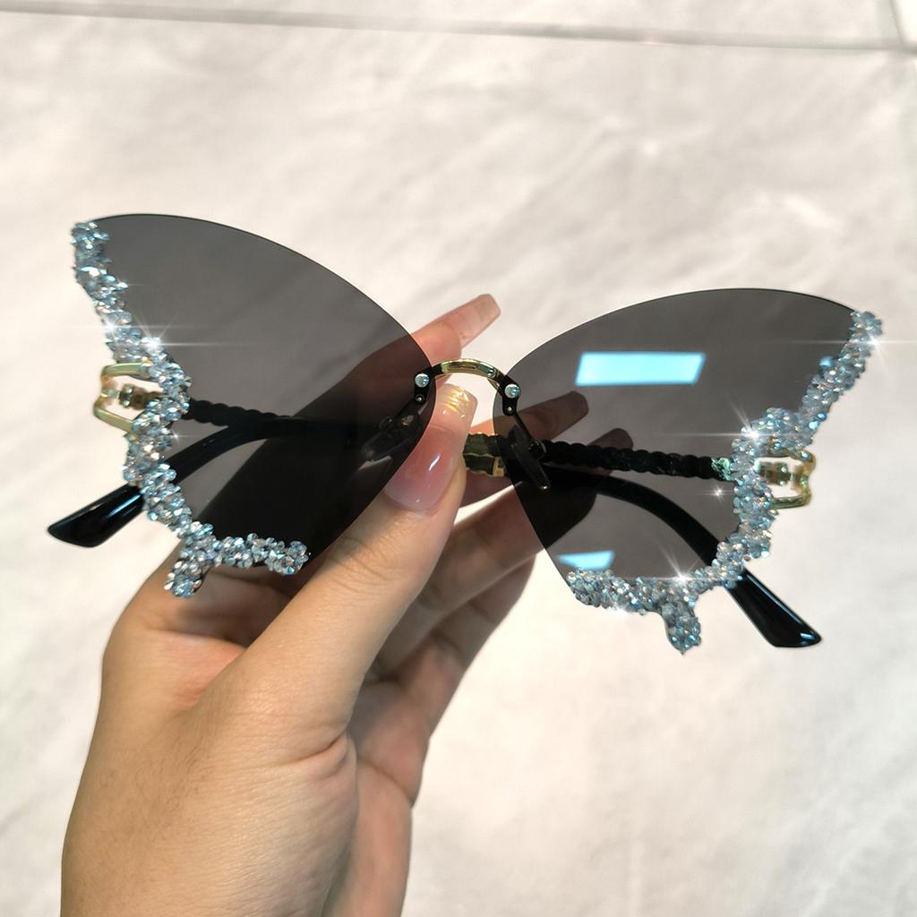 Butterfly Rimless Stylish Sunglasses for Women Men Bling Rhinestone Gradient Tint Decorative Eyeglasses for Costume Party