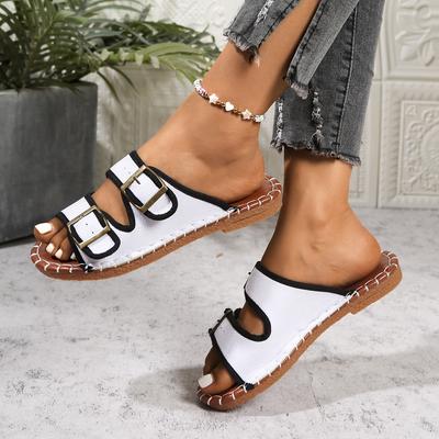 Mode Hausschuhe Damen 2025 Frühling und Sommer Neu Runde Zehenpartie Weiche Sohle Damenschuhe Doppelschnalle A-Wort Draußen zu Tragen Strandschuhe