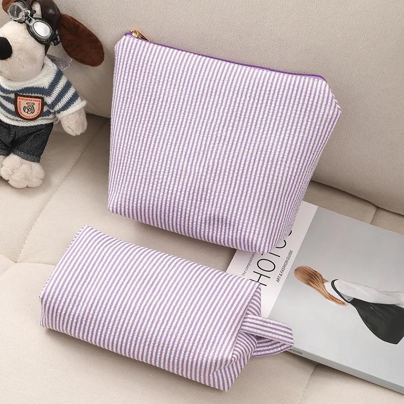 

2 Pcs Set Women s Cosmetic Bags Large Capacity Ladies Stripe Toiletry Bag Makeup Case Travel Female Storage Handbag Clutch Purse фиолетовый