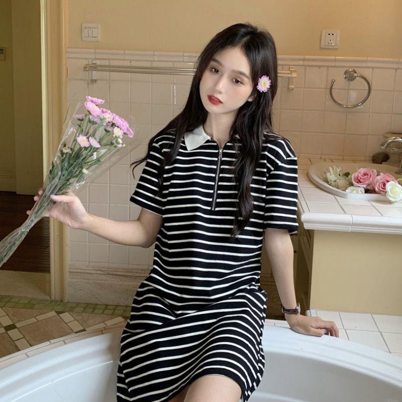 Dress women's summer clothes new loose short-sleeved skirt women's stripes fat mm thin foreign style age-reducing clothes skirt