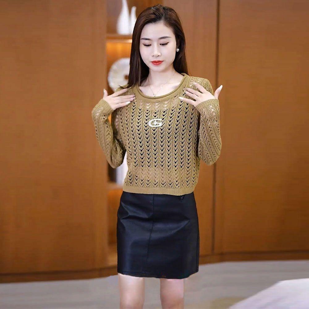 Fashionable Hollow Out Knitted Sweater for Women Versatile and Slimming Long Sleeved Round Neck Hooded Top