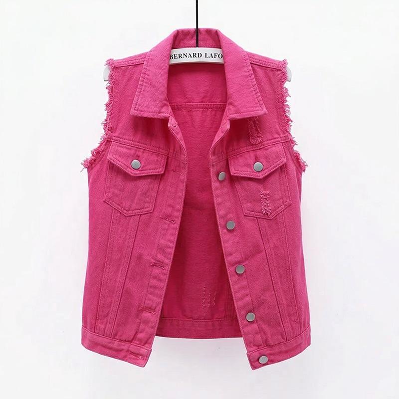 Women's Short Slim Sleeveless Denim Vest - Solid Color Waistcoat Cardigan