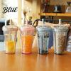 Outdoor Outing Water Container Transparent Straw Cup with Sequins Decor And Leak Proof Reusable Bubble Tea Cup Lid Plastic Sippy for Students Teens