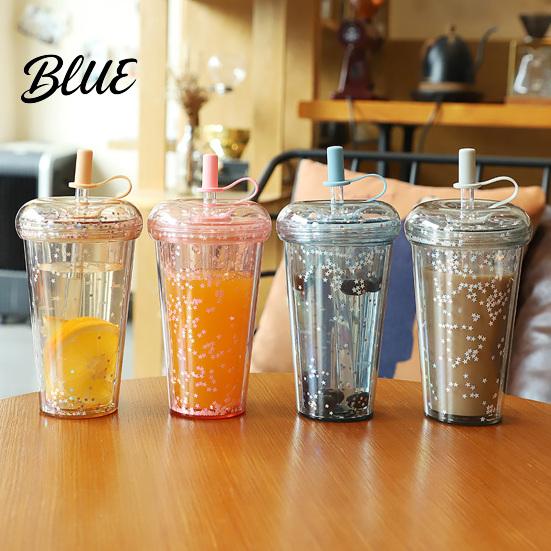 Outdoor Outing Water Container Transparent Straw Cup with Sequins Decor And Leak Proof Reusable Bubble Tea Cup Lid Plastic Sippy for Students Teens
