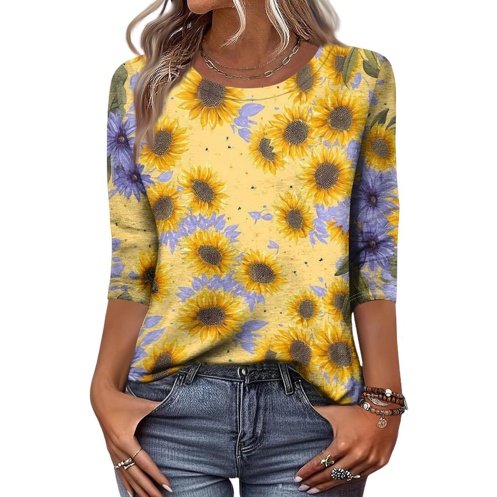 Women's Fashion Casual Round Neck 3/4 Sleeve Loose Printed T-Shirt Ladies Top
