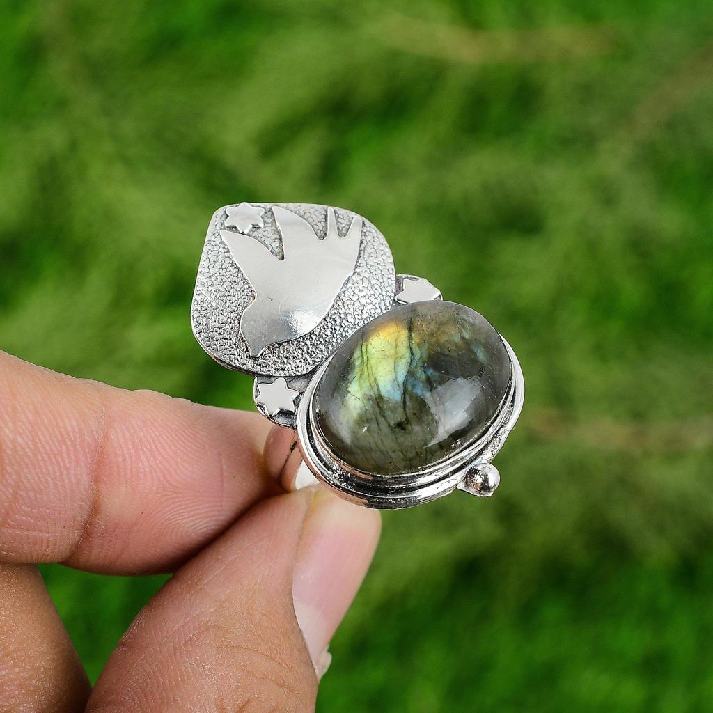 Natural Labradorite Gemstone Statement Bird Adjustable Ring 925 Silver For Girls