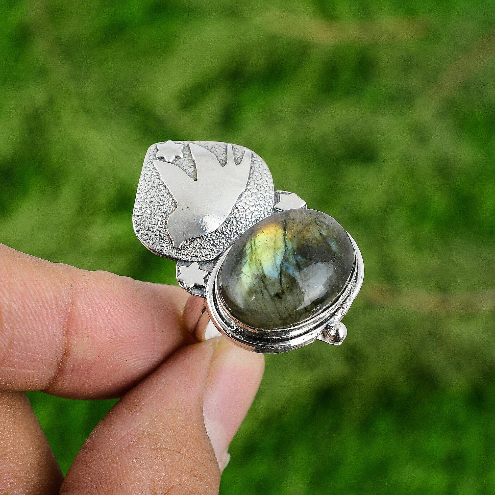 

Натуральный Лабрадорит Драгоценный Камень Заявление Птица Регулируемое Кольцо 925 Серебро Для Девочек Adjustable