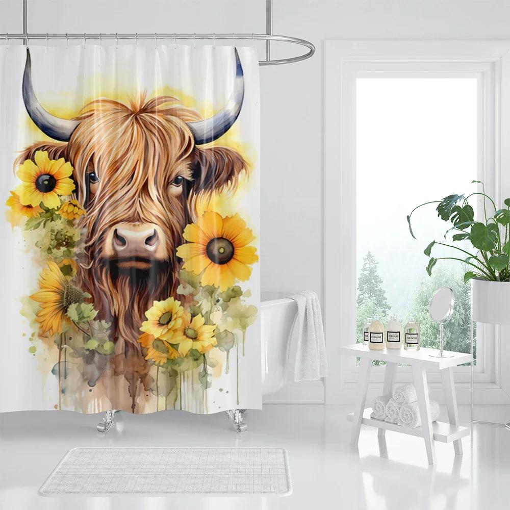 Funny Highland Cow Shower Curtain Farm Animal Sunflower Watercolour Flowers Farmhouse Polyester Fabric Bathroom Decor with Hooks