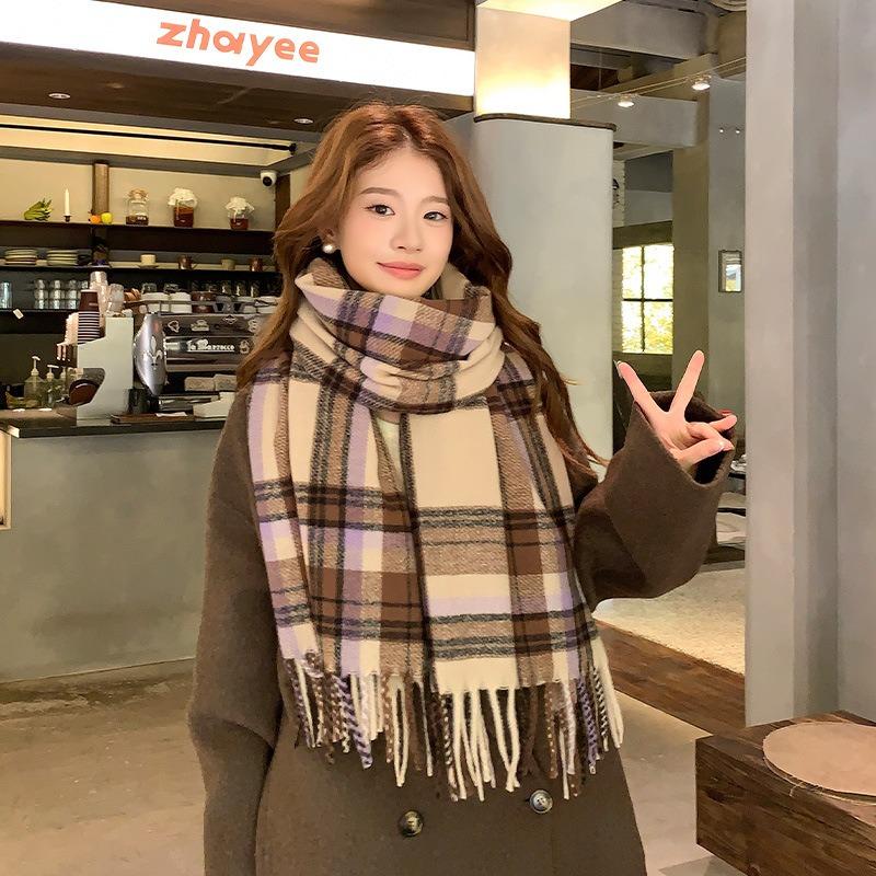 Scarf women's new winter thickened warm imitation cashmere plaid shawl versatile fringed scarf