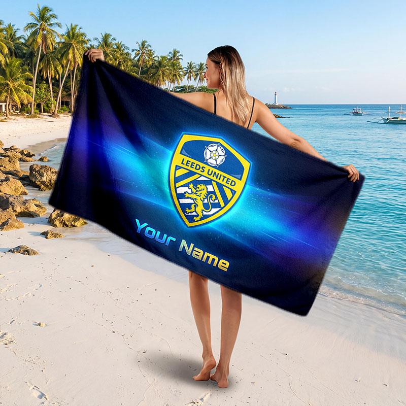 Leeds United Custom Beach Towel, Personalized Name Text Print, Football Logo Soft Quick‑Dry Towel Holiday Gift