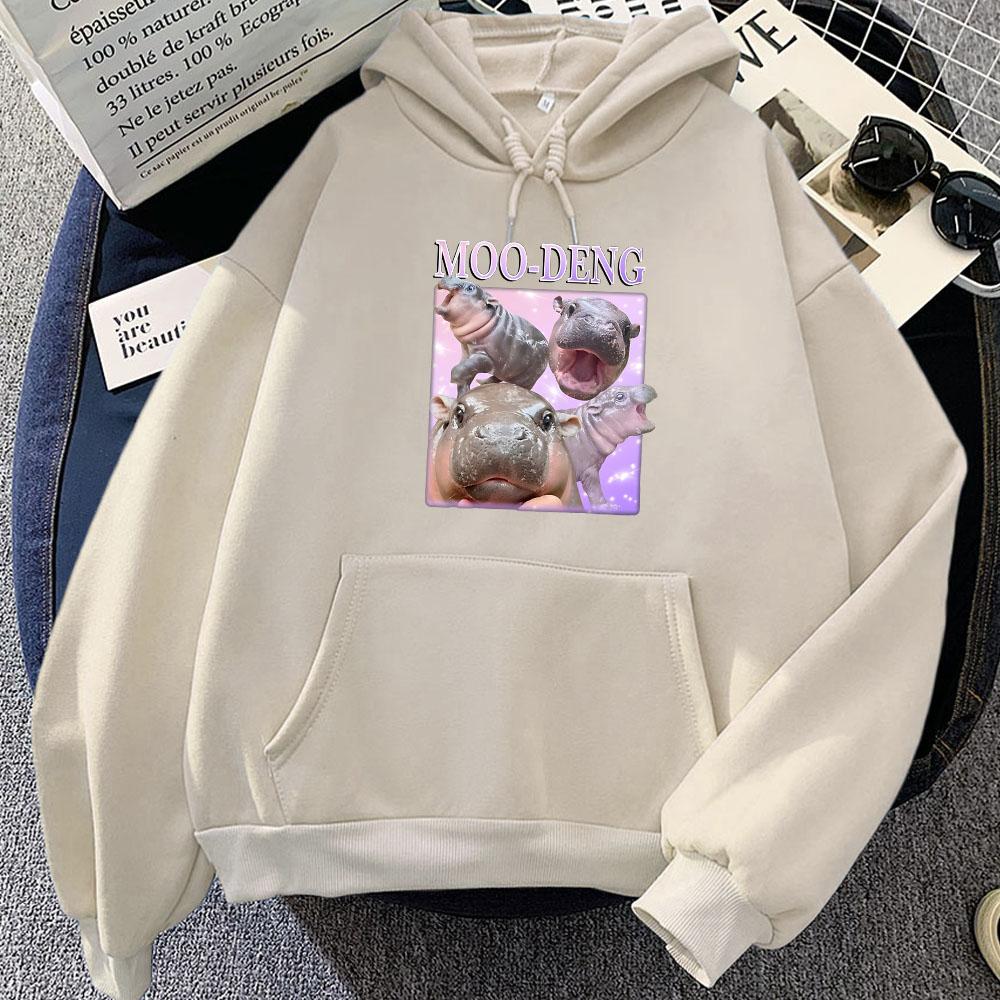 Kawaii Cartoon Moo Deng Hoodie Cute Hippo Graphic Sweatshirts Moletom Feminino Casual Women Men Winter Pullovers Print Sudaderas