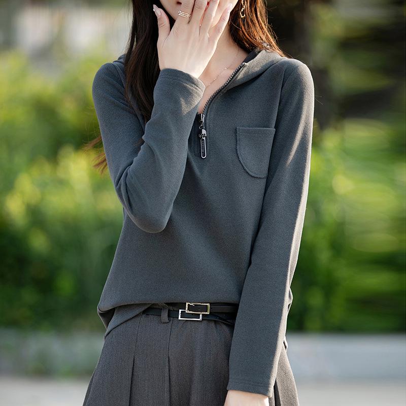 

Warm Autumn/Winter Hooded Knit Sweater with Double-sided Velvet and Zipper L