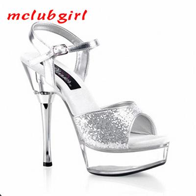 Sommer Damen High Heels Pailletten Kristall Dünne Ferse Fischmaul Sandalen Nachtclub 14cm Absatz 4cm Plateau YKC