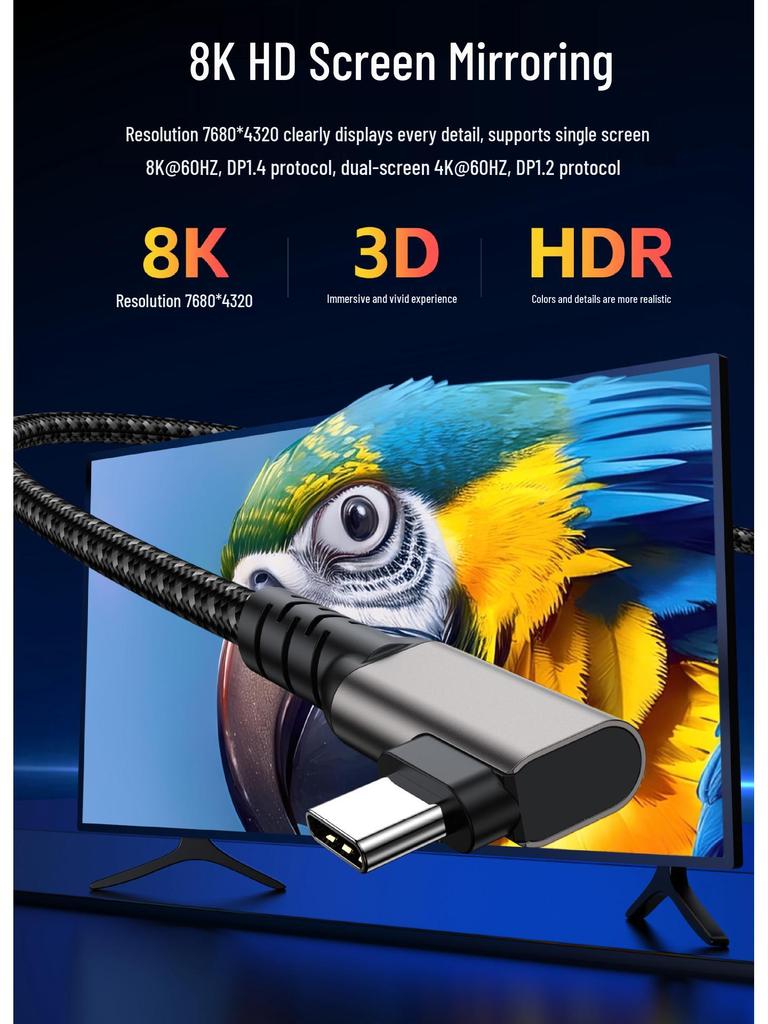 High-Speed USB 3.2 C To C Elbow 8K Screen Casting Cable, 240W 5A Fast Charge, 20Gbps
