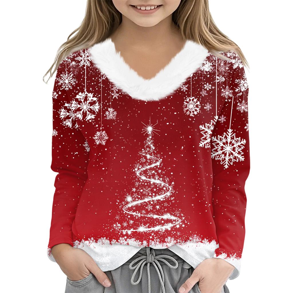 Christmas Day Girls Long Sleeve T Shirts Kids Girls' V-Neck Tee Christmas Print Long Sleeve Top