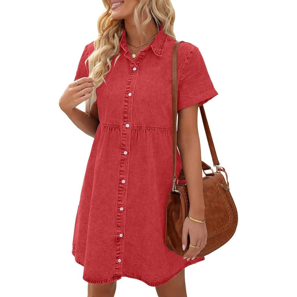 Abiti Camicia in Denim da Donna Manica Corta Collo a Revers Vestito di Jean Monopetto Top Bordo Arricciato Ampio Abiti da Donna