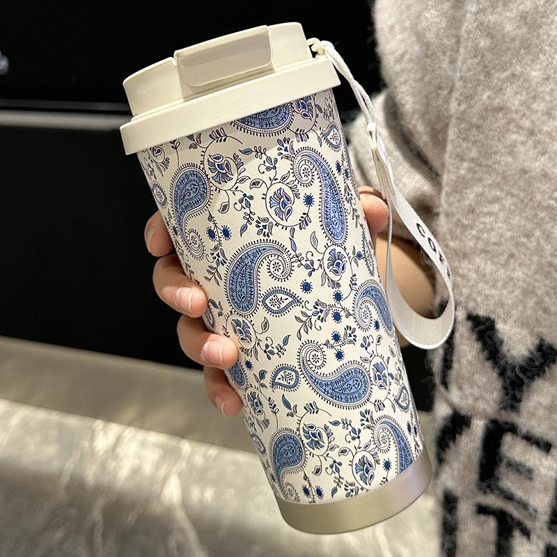 530ml Blue Paisley Floral 316 Stainless Steel Coffee Tumbler, Dual Sip Vacuum Insulated Travel Cup with Carry Lanyard