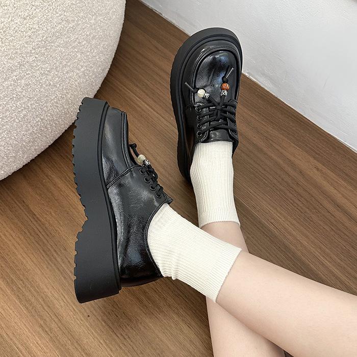 Retro British style thick-soled heightening small leather shoes for women's 2025 autumn new shorty Le versatile beaded loafers