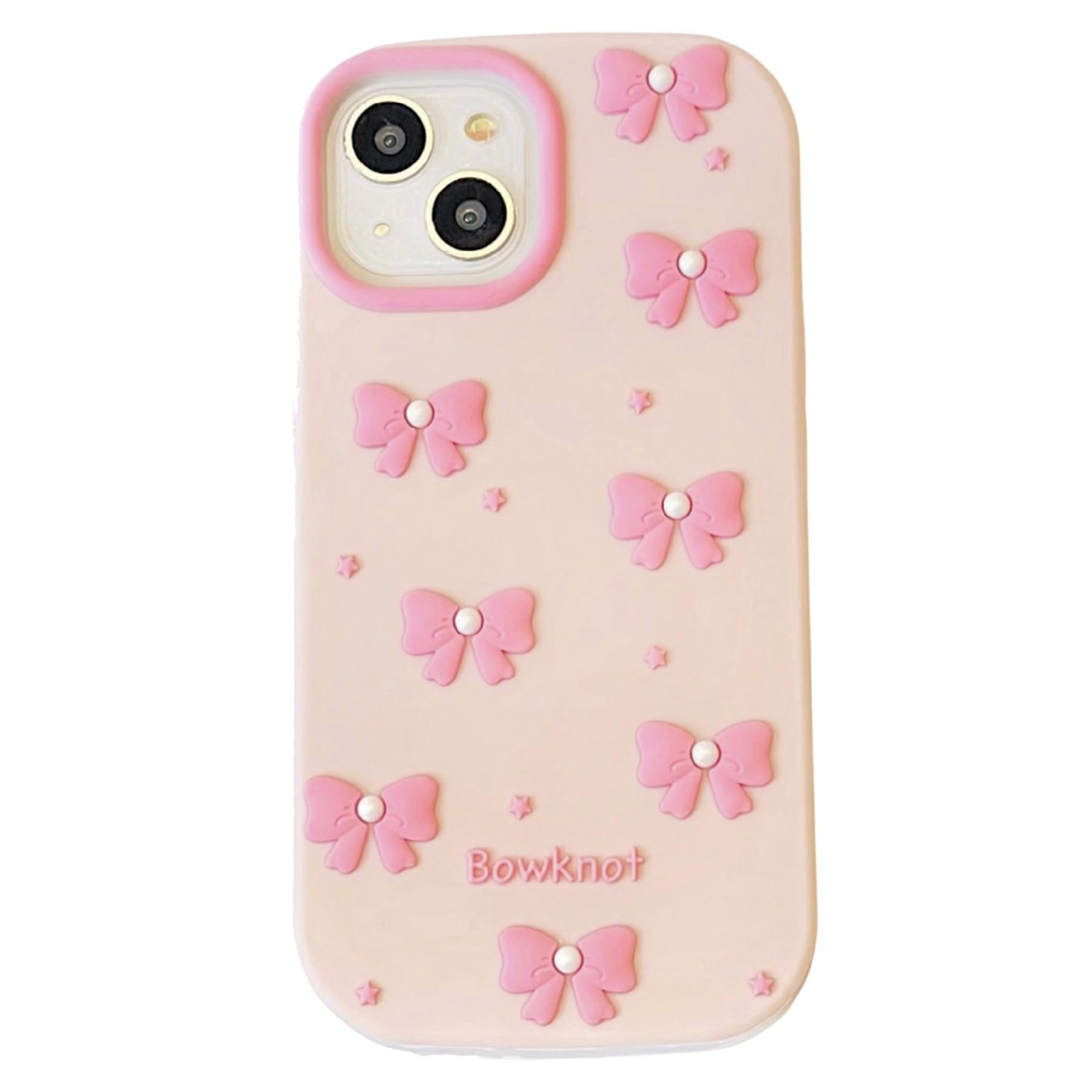 

For iPhone 15 Silicone Case Cute Pearl Bow Design Shockproof Phone Back Cover As Shown A