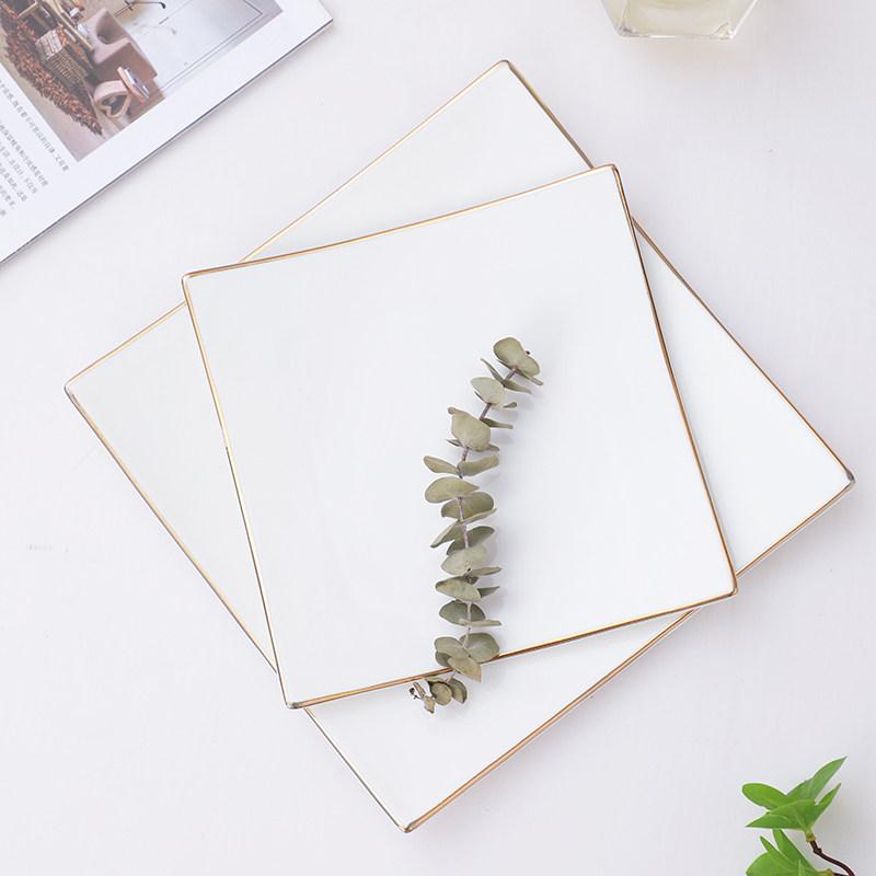 White Gold Ceramic Plate Square Tableware Western Steak Salad Tray Main Course Decorative Tableware Household Tray