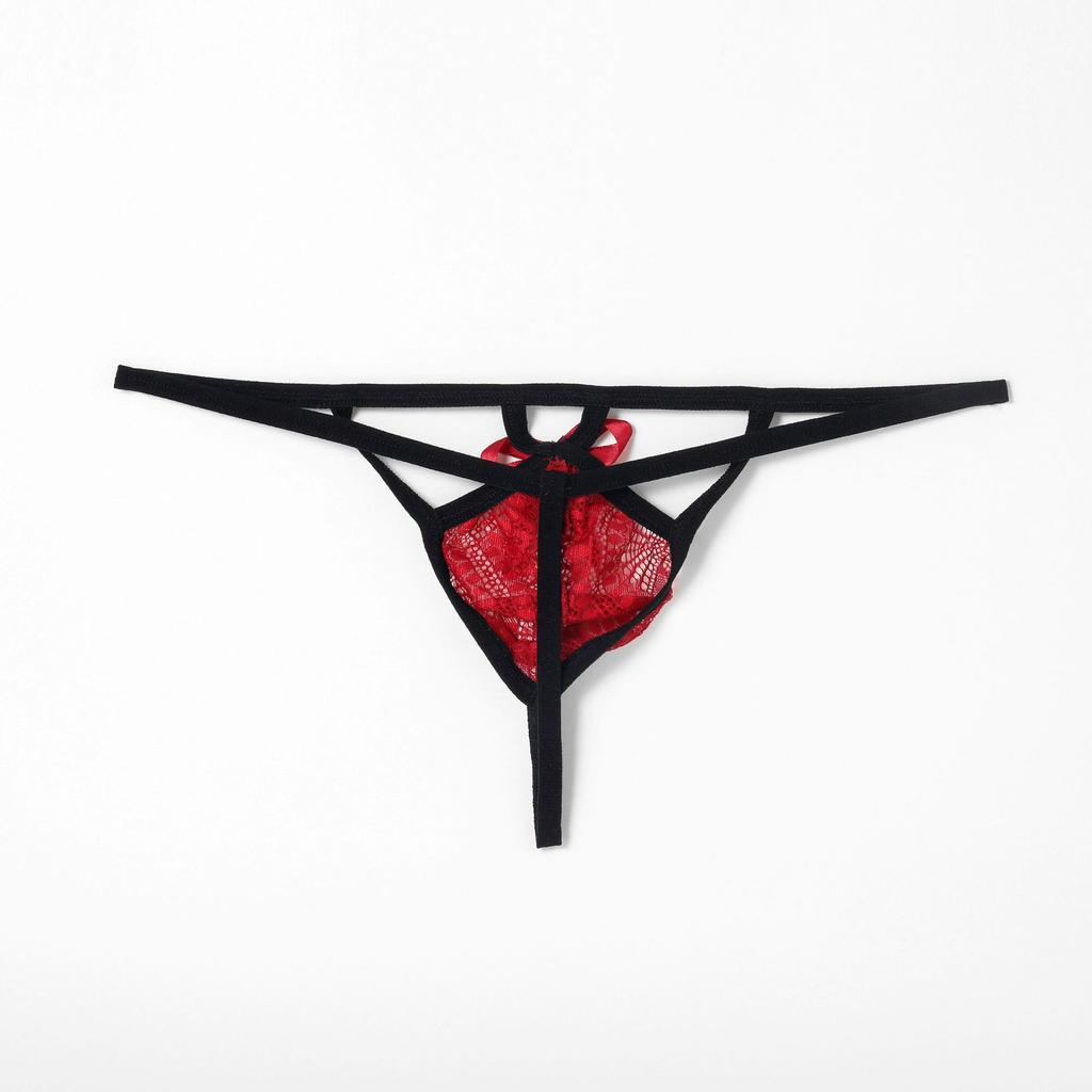 Bow Hollow Front Lace Sissy Pouch Panties Men See Through Lingerie Low Rise T-Back Thong G-String Gay Crossdressing Bikini Brief