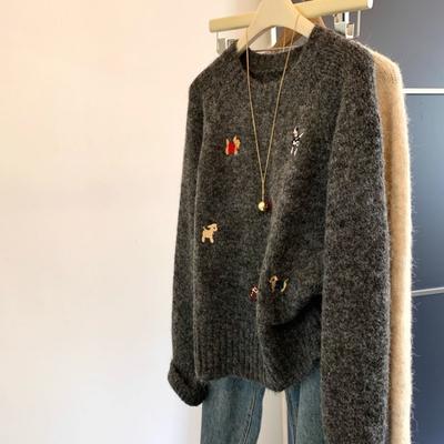 Dog Cartoon Embroidery Round Neck Pullover Sweater for Women In Autumn and Winter New Design Soft and Skin-friendly Knitted Top