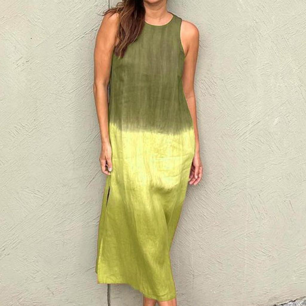 Women's Gradient Sleeveless Tank Dress Split Hem Loose Fit Summer Crewneck Flowy Casual Beach Dresses