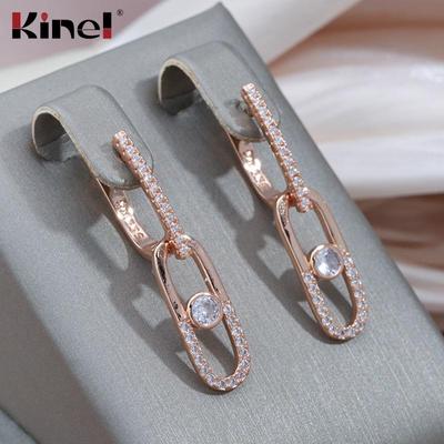 Orecchini pendenti lunghi da donna Kinel, ovali, in oro rosa, con zirconi