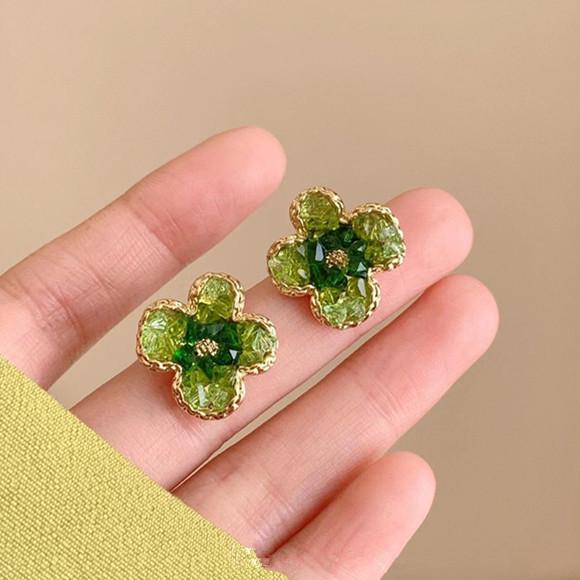 High-End Gradient Crystal Flower Earrings in Fresh Green Summer Design for Women