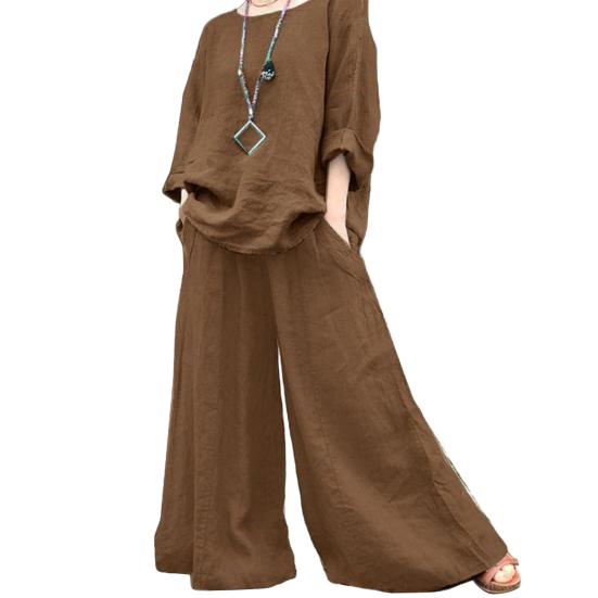 2 Pcs/Set Women Top Pants Set Round Neck Retro Long Sleeves Blouse Wide Leg Elastic Waist Trousers Daily Leisure Loose Outfit