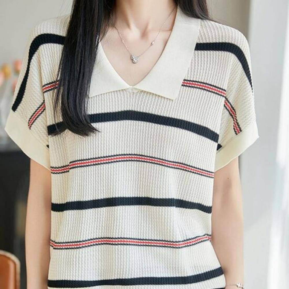 Navava Women Cool STriped Color Block ShorT Sleeve KniT T shirT Nk3683