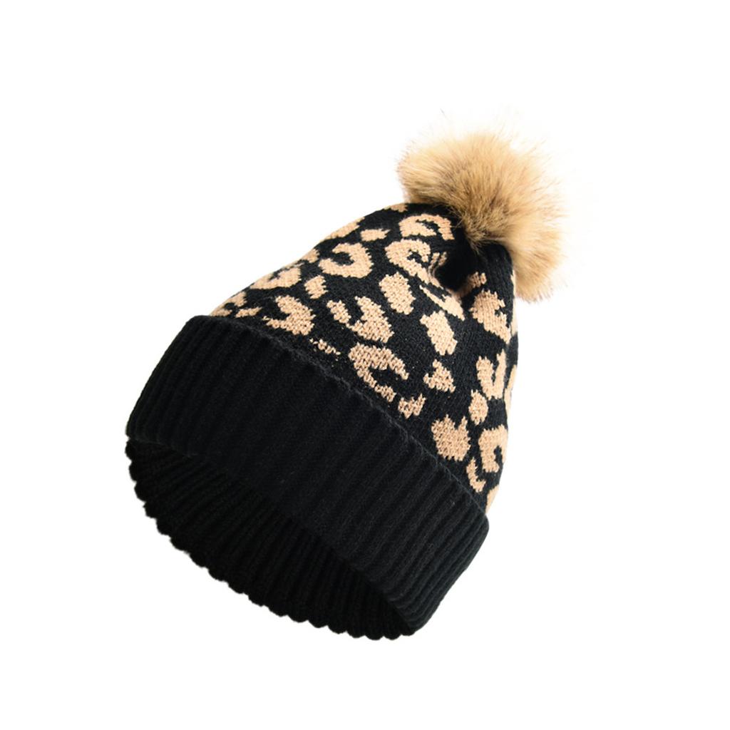 Fashionable leopard print curled fur ball knitted hat for women outdoor warm thickened autumn and winter ladies wool hat