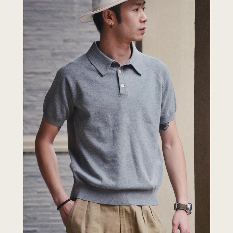 Men's Italian Khaki Knitted Polo Shirt - American Retro Short-Sleeved Cotton Tee for Summer