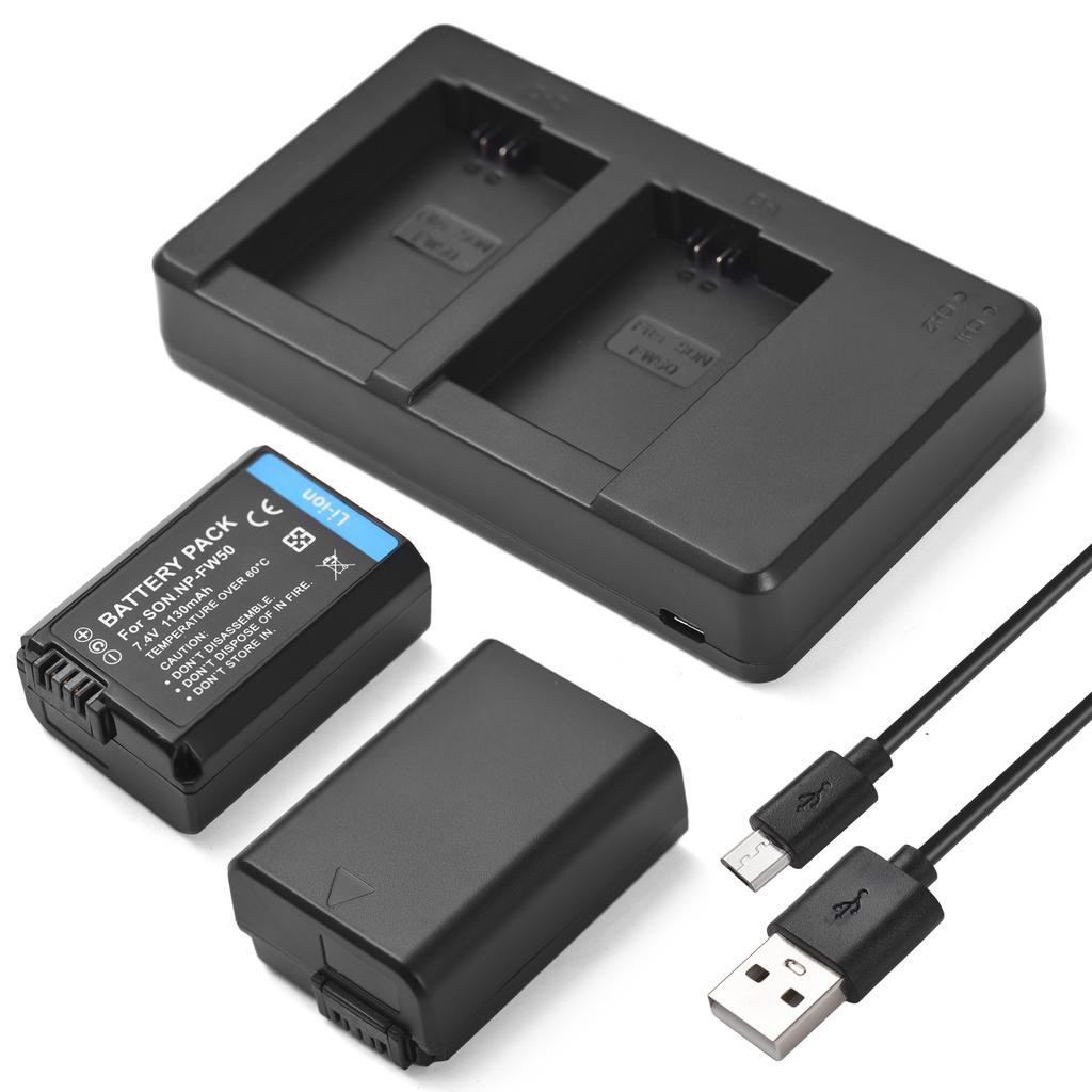Camera NP-FW50 Battery & Charger Kit with 2-slot Battery Charger + 2pcs NP-FW50 Batteries 7.4V