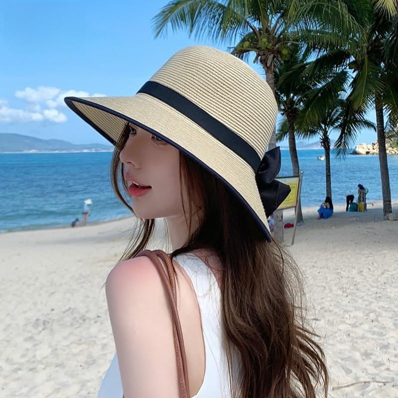 Summer Straw Hat For Women With Large Brim And Ribbon Bow For Beach And Sun Protection