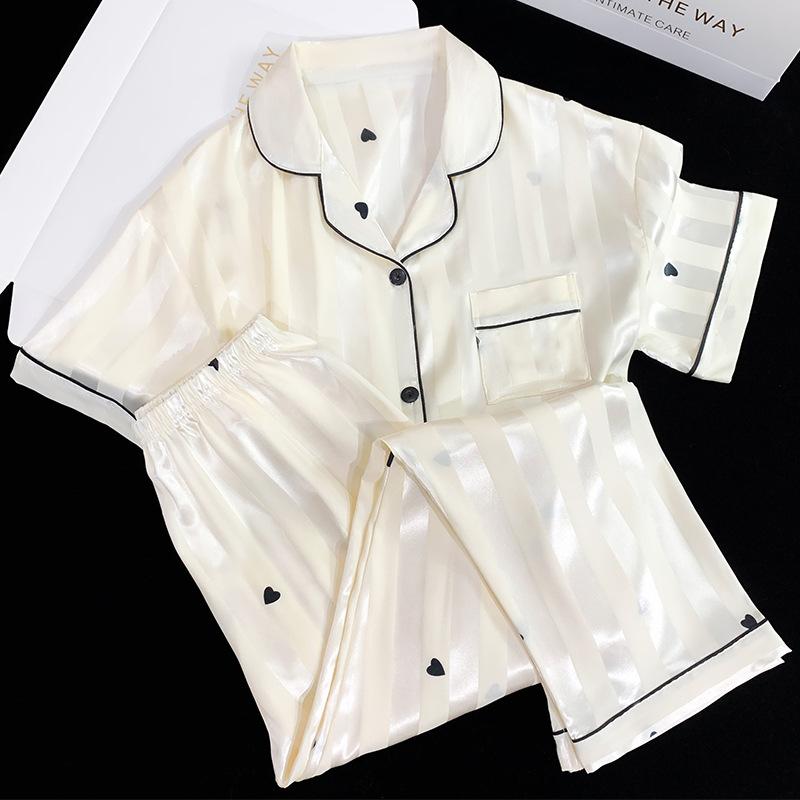 Summer High-End Striped Love Printing Niche Style Short-Sleeved Loungewear Can Be Worn Outside