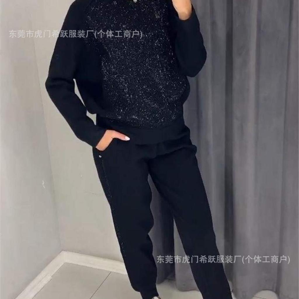 Women's sets Plus Size Solid Color Long Sleeve Crew Tie Pockets Rhinestone Sweatshirt Pants Set of 2